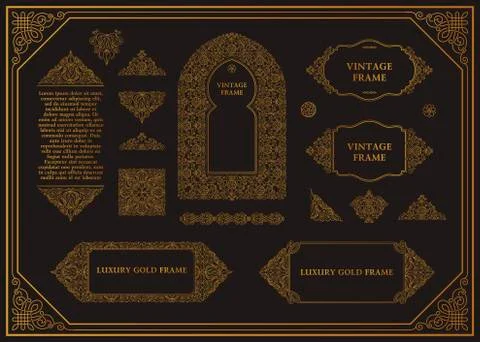 Arabic vector set of frames lines art design templates. Muslim gold outline Illustrazione stock