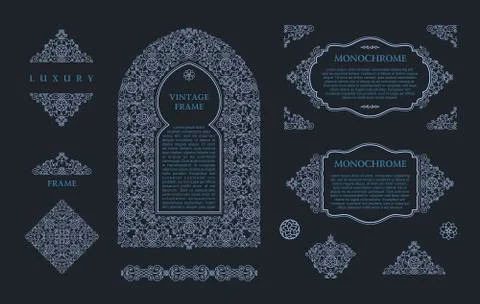 Arabic vector set of frames lines art design templates. Muslim black, white Stock Illustration