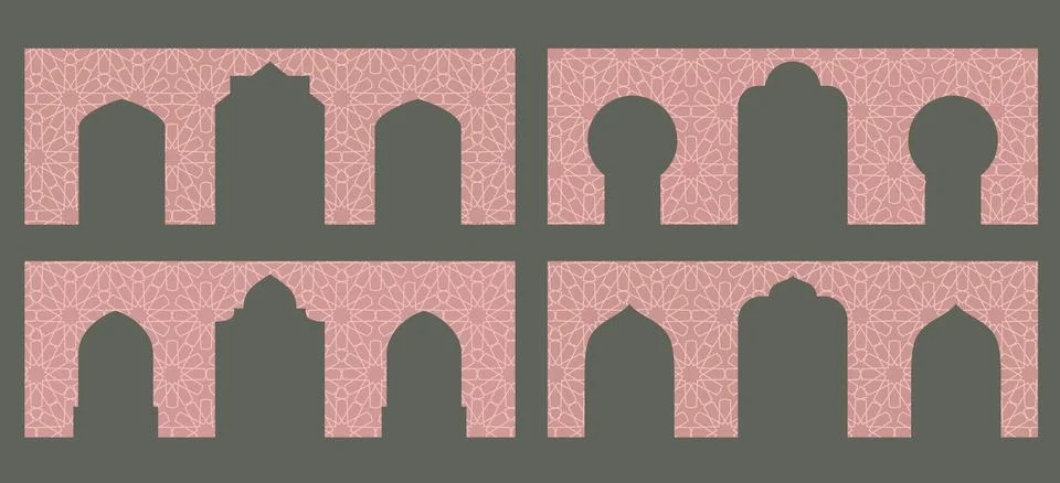 Arabic wall shapes set. Beige border with window, arc, door silhouette. Eastern Ilustración de archivo