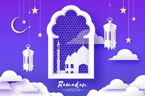 Arabic window arch, lantern with white mosque in papercraft style. Origami Stock Illustration