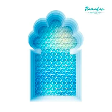 Arabic window arch in paper cut style. Origami Ramadan Kareem greeting cards Stock Illustration