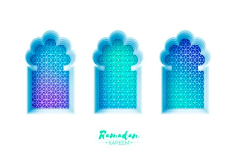 Arabic window arch in paper cut style. Origami Ramadan Kareem greeting cards Stock Illustration