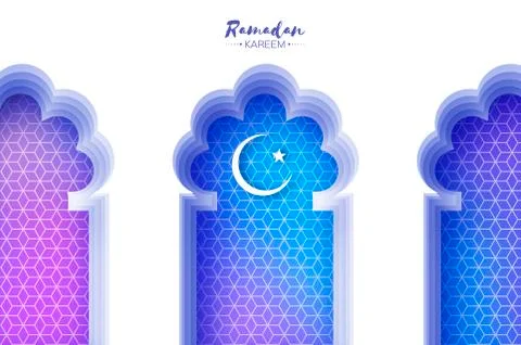 Arabic window arch in paper cut style. Origami Ramadan Kareem greeting cards Stock Illustration