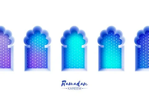 Arabic window arch in paper cut style. Origami Ramadan Kareem greeting cards Stock Illustration