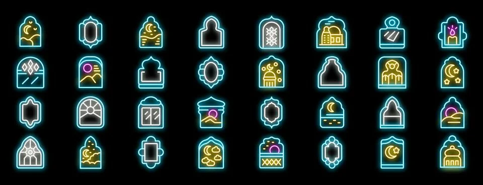 Arabic window representing ramadan kareem with neon light icons set Stock Illustration
