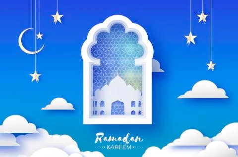 Arabic window with White Mosque in paper craft style. Origami Ramadan Kareem Stock Illustration
