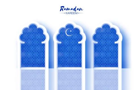 Arabic windows arch in paper cut style. Origami Ramadan Kareem greeting cards Stock Illustration