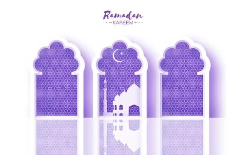 Arabic windows arch with white misque in paper cut style. Origami Ramadan Kareem Stock Illustration