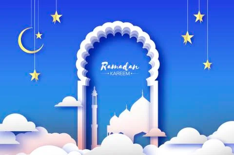 Arabic windows arch with white mosque in papercraft style. Origami Ramadan Stock Illustration