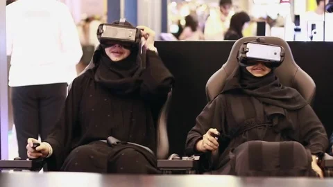 Arabic womens play Virtual Reality Headset Stock Footage 75843253