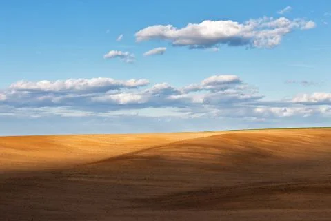 Arable field under a blue cloudy sky Stock Photos