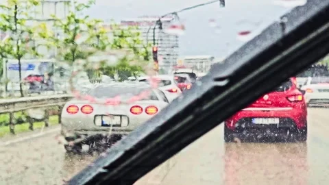 Araffe view a rainy street from inside. Stock Footage 282995479