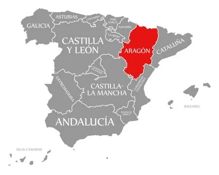 Aragon red highlighted in map of Spain 库存插图
