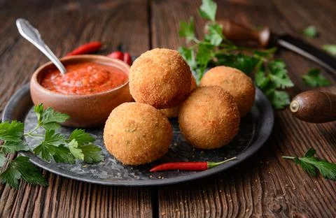 Arancini Di Riso, crispy Sicilian rice balls stuffed with Mozzarella cheese Stock Photos