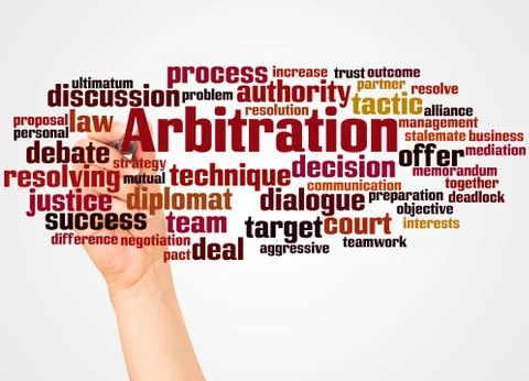 Arbitration word cloud and hand with marker concept Stock Photos