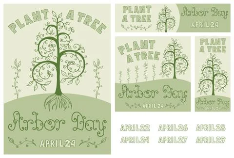 Arbor Day Set of Hand Drawn Poster, Card, Flyer and Banner Stock Illustration