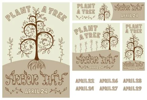 Arbor Day Set of Hand Drawn Poster, Card, Flyer and Banner Stock Illustration