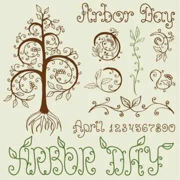 Arbor Day Set of Hand Drawn Design Elements Stock Illustration