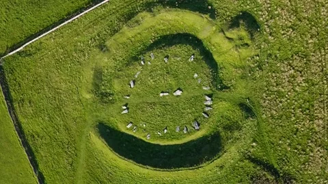 Arbor Low Stone Circle Descending Spiralling Drone View, Derbyshire, UK, 2K Stock Footage 172282662