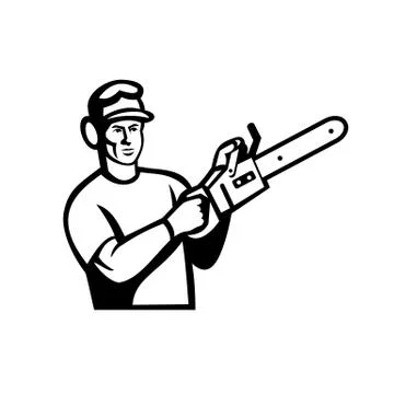 Arborist or Tree Surgeon With Chainsaw Black and White Retro Stock Illustration