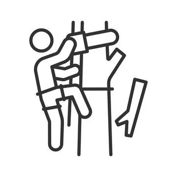 Arborist tree cutting icon in line design. Arborist, tree cutting, tree care Stock Illustration