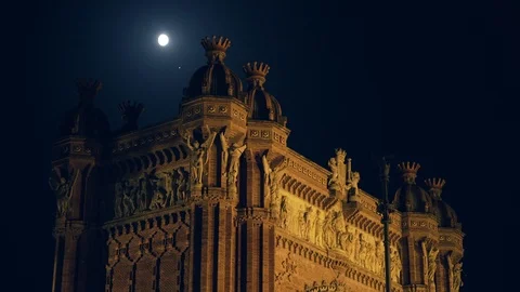 Arc de Triomf and Moon at Night Stock Footage 125705340