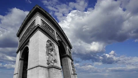 Arc de Triomphe (against the moving clouds, 4K), time lapse, Paris, France. Stock Footage 239669774