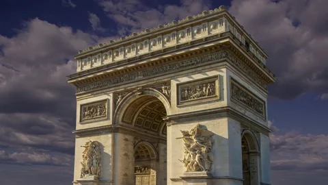 Arc de Triomphe (against the moving clouds, 4K), time lapse, Paris, France. Stock Footage 239669864