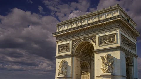 Arc de Triomphe (against the moving clouds, 4K), time lapse, Paris, France. Stock Footage 239669890