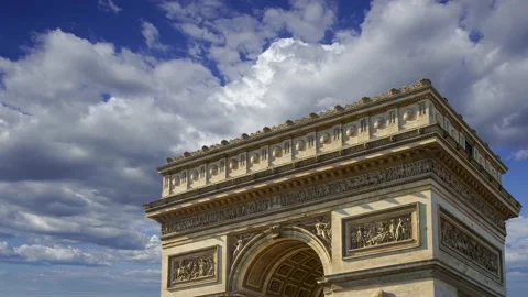 Arc de Triomphe (against the moving clouds, 4K), time lapse, Paris, France. Stock Footage 239669893