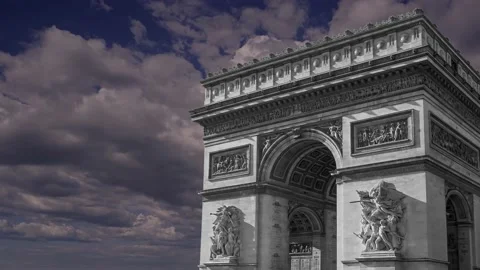 Arc de Triomphe (against the moving clouds, 4K), time lapse, Paris, France. Stock Footage 239669990