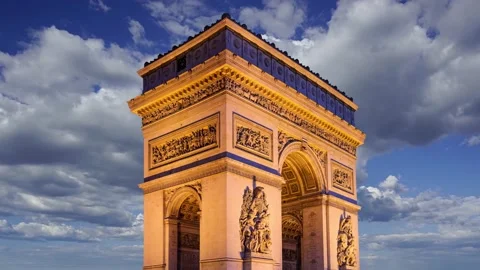 Arc de Triomphe (against the moving clouds, 4K), time lapse, Paris, France. Stock Footage 239670010