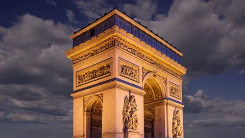 Arc de Triomphe (against the moving clouds, 4K), time lapse, Paris, France. Stock Footage 239670019
