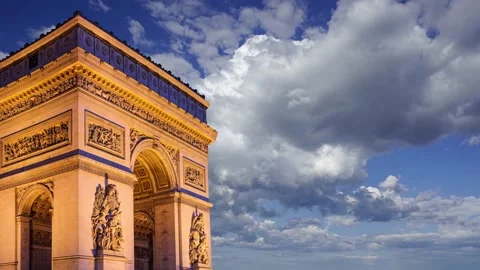 Arc de Triomphe (against the moving clouds, 4K), time lapse, Paris, France. Stock Footage 239670027