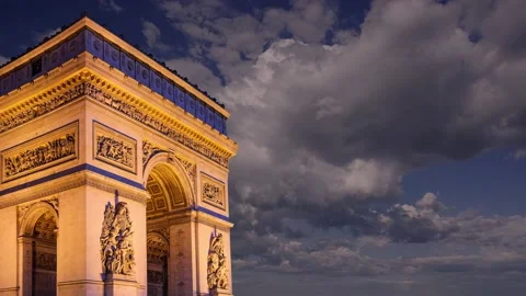 Arc de Triomphe (against the moving clouds, 4K), time lapse, Paris, France. Stock Footage 239670037