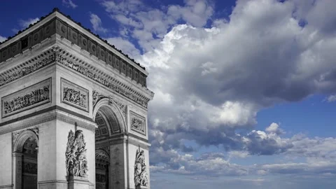 Arc de Triomphe (against the moving clouds, 4K), time lapse, Paris, France. Stock Footage 239670042
