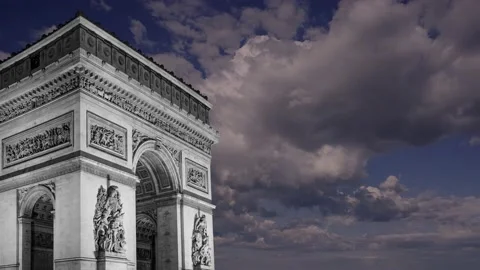 Arc de Triomphe (against the moving clouds, 4K), time lapse, Paris, France. Stock Footage 239670064