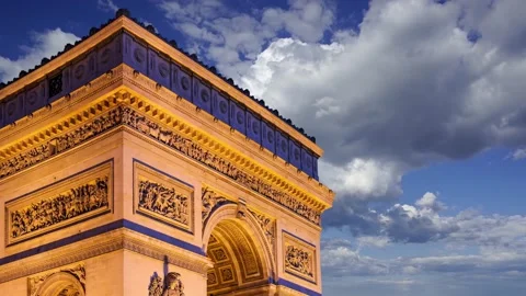 Arc de Triomphe (against the moving clouds, 4K), time lapse, Paris, France. Stock Footage 239670098