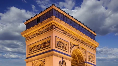 Arc de Triomphe (against the moving clouds, 4K), time lapse, Paris, France. Stock Footage 239670116