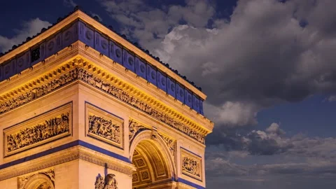 Arc de Triomphe (against the moving clouds, 4K), time lapse, Paris, France. Stock Footage 239670124