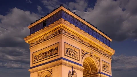 Arc de Triomphe (against the moving clouds, 4K), time lapse, Paris, France. Stock Footage 239670134