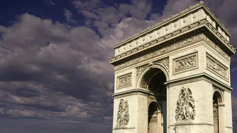 Arc de Triomphe (against the moving clouds, 4K), time lapse, Paris, France. Stock Footage 239670219