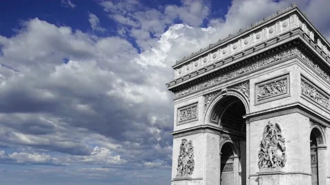 Arc de Triomphe (against the moving clouds, 4K), time lapse, Paris, France. Stock Footage 239670266