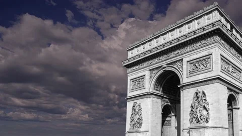 Arc de Triomphe (against the moving clouds, 4K), time lapse, Paris, France. Stock Footage 239670277