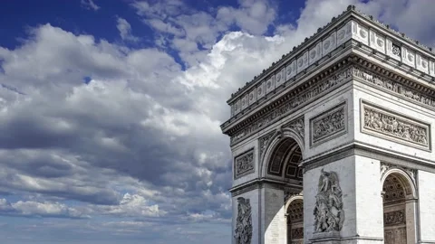 Arc de Triomphe (against the moving clouds, 4K), time lapse, Paris, France. Stock Footage 239670302