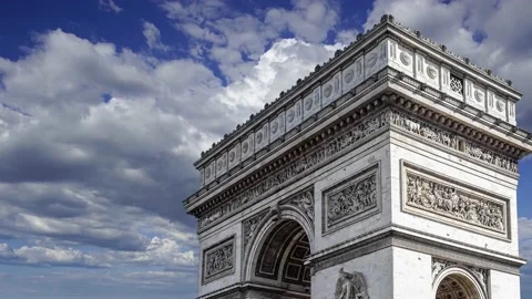 Arc de Triomphe (against the moving clouds, 4K), time lapse, Paris, France. Stock Footage 239670339