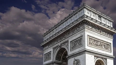 Arc de Triomphe (against the moving clouds, 4K), time lapse, Paris, France. Stock Footage 239670347