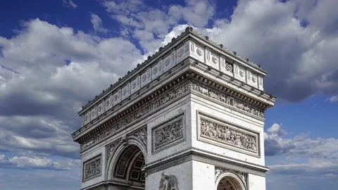 Arc de Triomphe (against the moving clouds, 4K), time lapse, Paris, France. Stock Footage 239670354