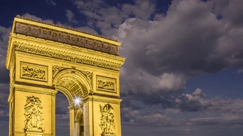 Arc de Triomphe (against the moving clouds, 4K), time lapse, Paris, France. Stock Footage 239670390