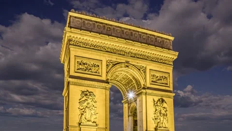 Arc de Triomphe (against the moving clouds, 4K), time lapse, Paris, France. Stock Footage 239670391